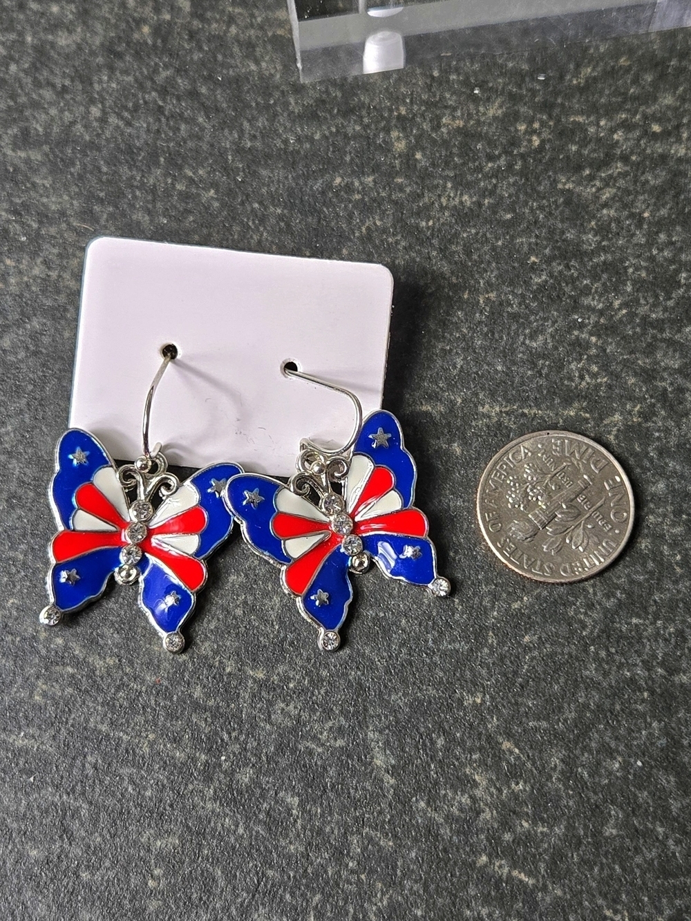 Patriotic Butterfly Dangle Earrings - Red, White & Blue - Picture 3 of 6